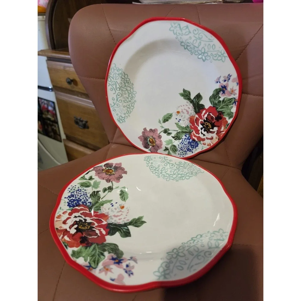 2x The Pioneer Woman Country Garden Salad Plate Set Floral Red Trim 8.5